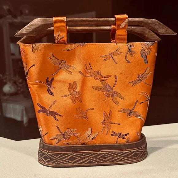Vintage Dragonfly Silk Bag Wood Handle Artisanal Boho Asian Statement - Picture 2 of 11